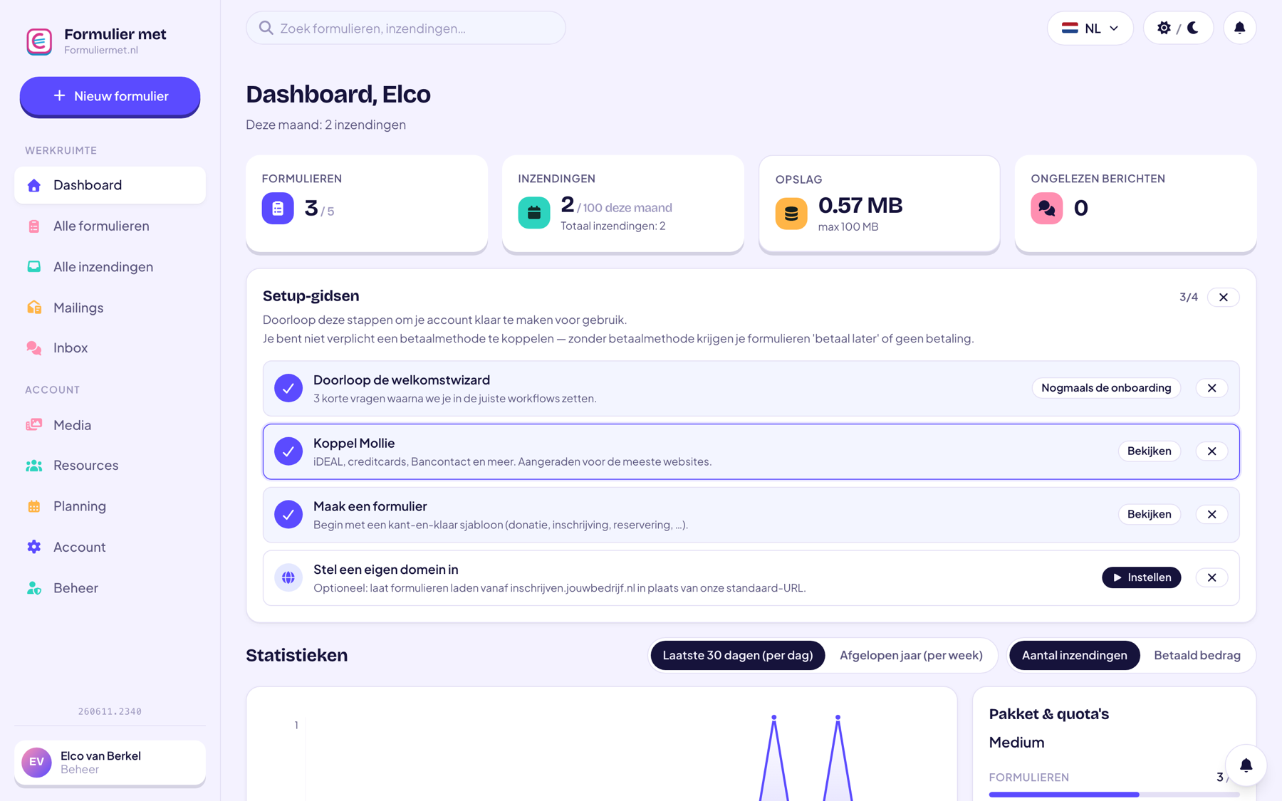 Het beveiligde dashboard van Formuliermet.nl