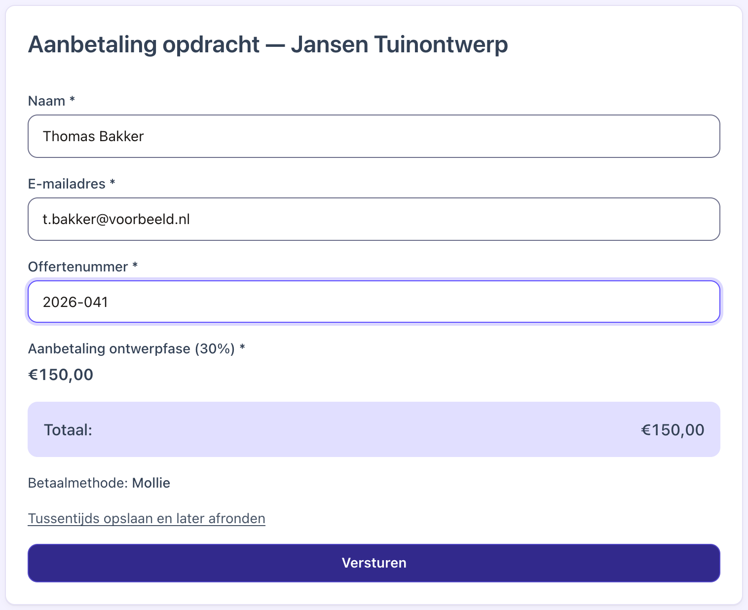 Ingevuld betaalformulier voor een aanbetaling met offertenummer en totaalbedrag van € 150