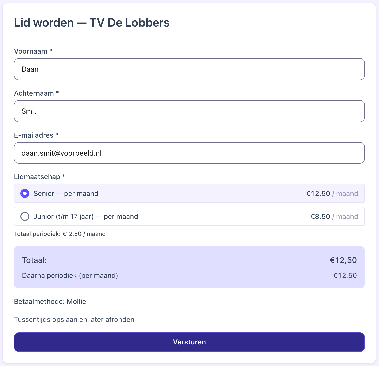 Aanmeldformulier voor nieuwe leden met lidmaatschapskeuze en contributie per maand