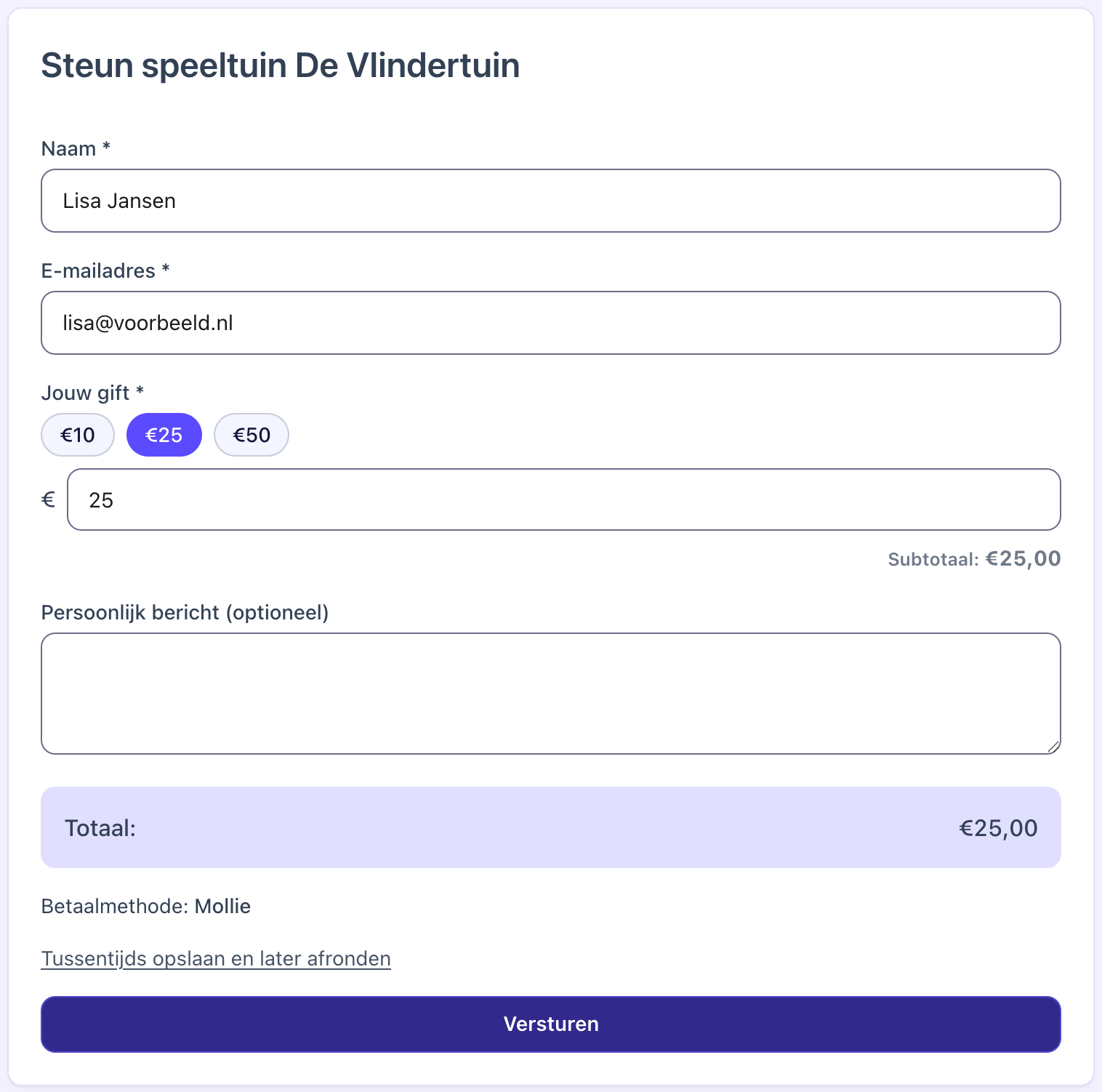 Ingevuld donatieformulier met keuzebedragen € 10, € 25 en € 50, gekozen gift van € 25 en betaling