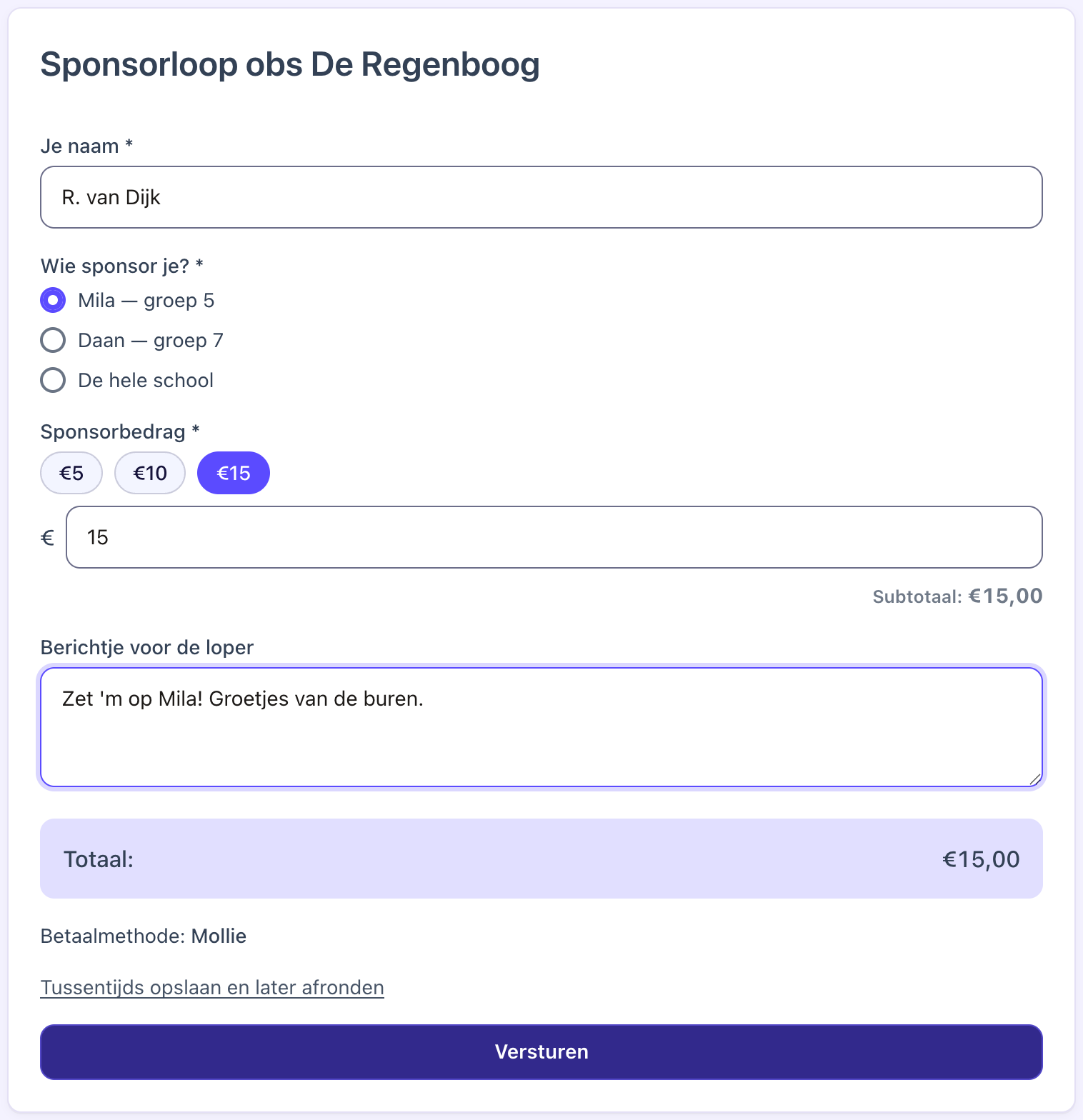 Ingevuld sponsorformulier: sponsor kiest een loper, sponsorbedrag van € 15 en een berichtje