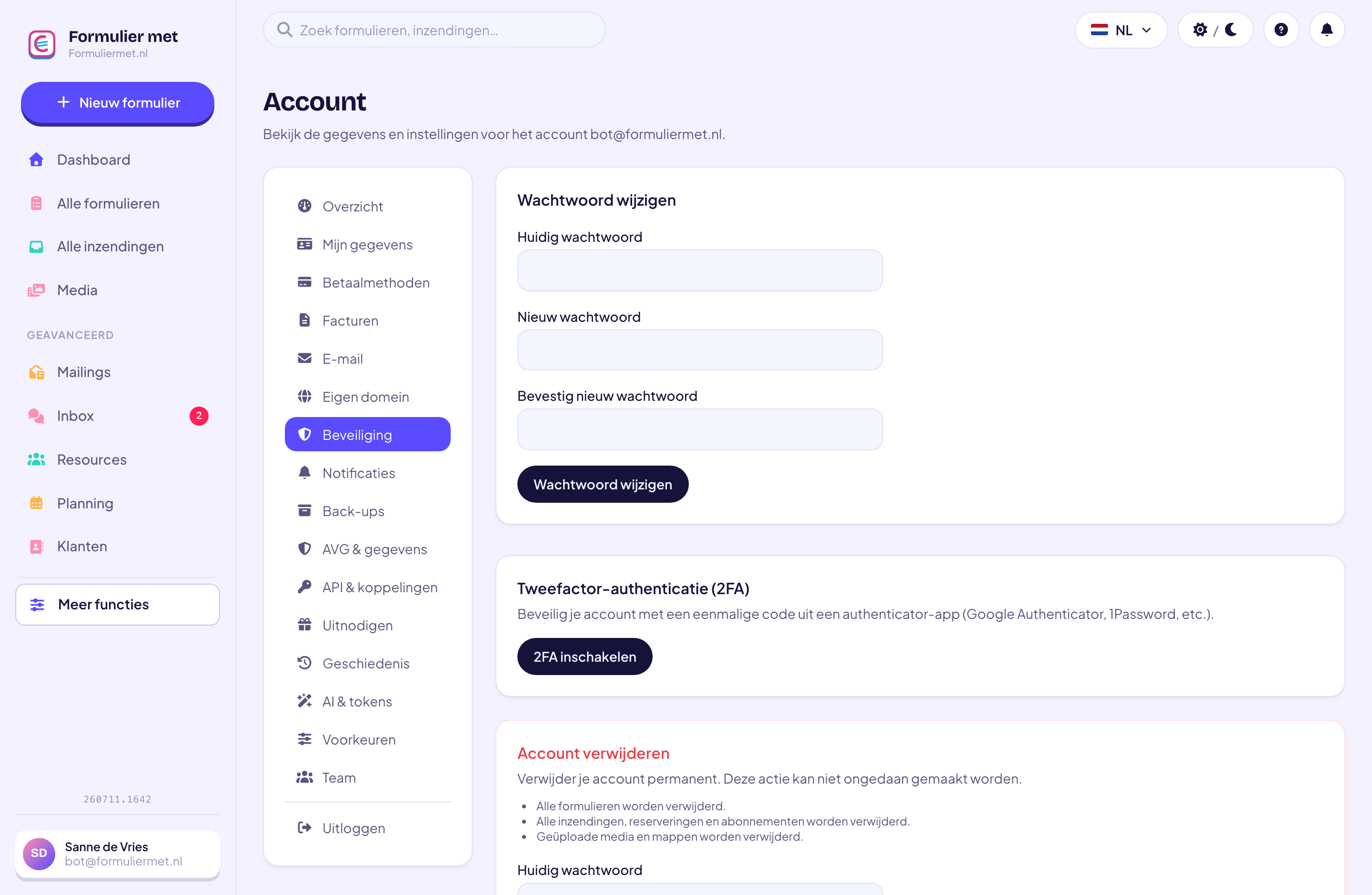 Het beveiligingsscherm in je account waar je tweestapsverificatie inschakelt.
