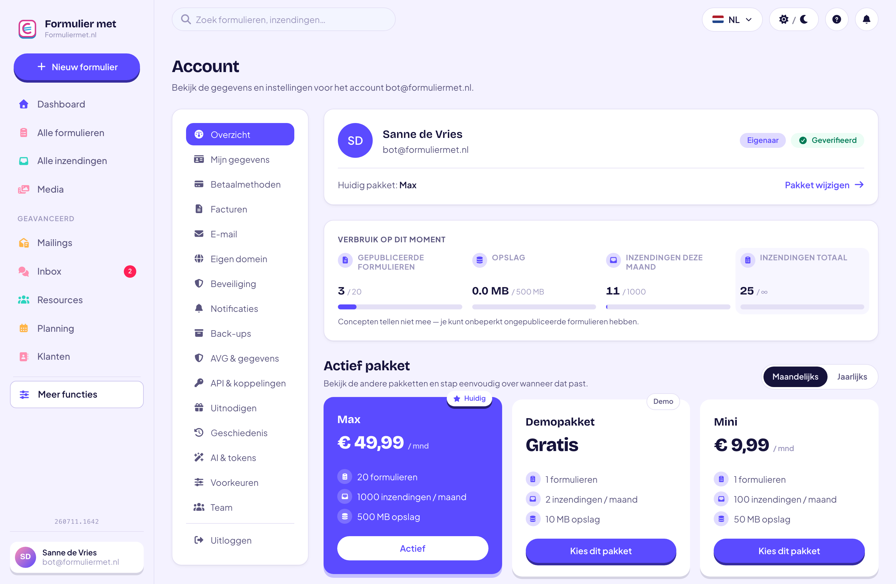 Het account-overzicht met je huidige pakket en je verbruik op dit moment.