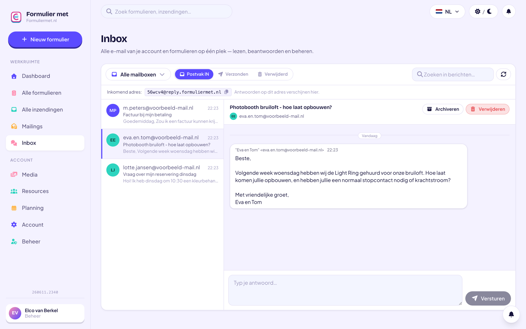 Inkomende antwoorden op formulier-e-mails in de inbox