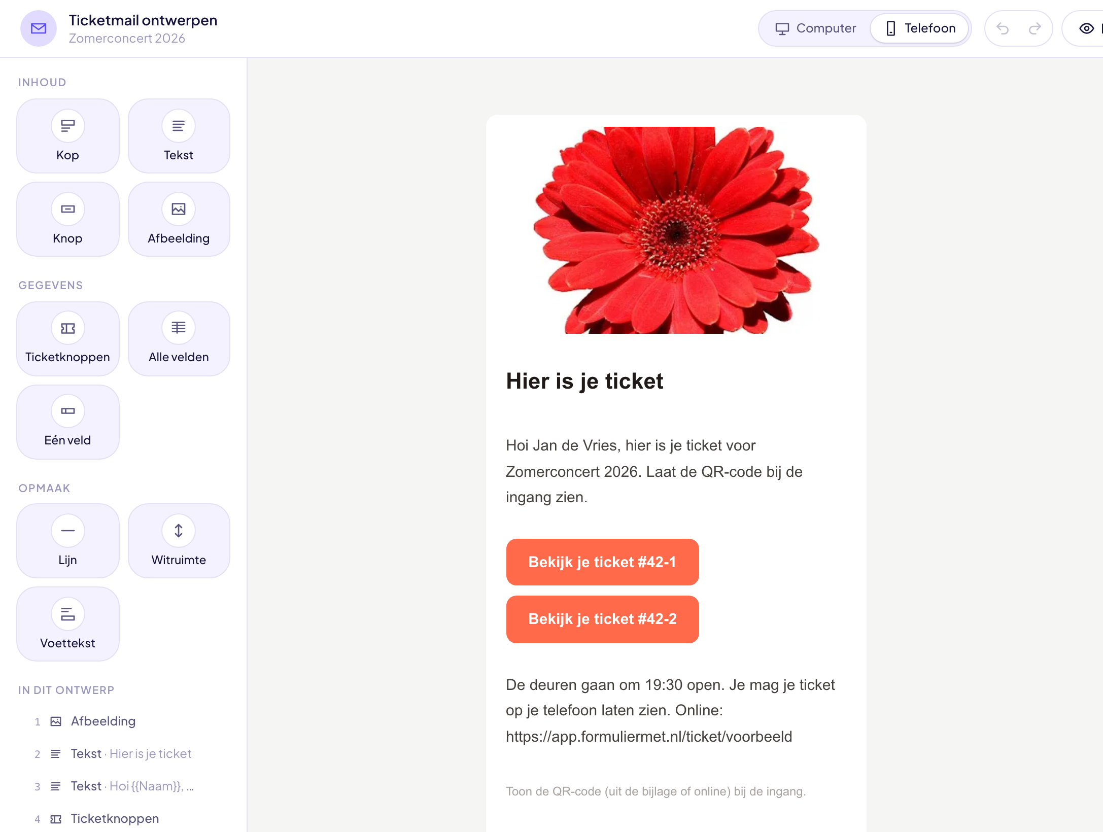 De ontwerpstudio voor e-mails, met de mail in de telefoonweergave en kleuren rechts