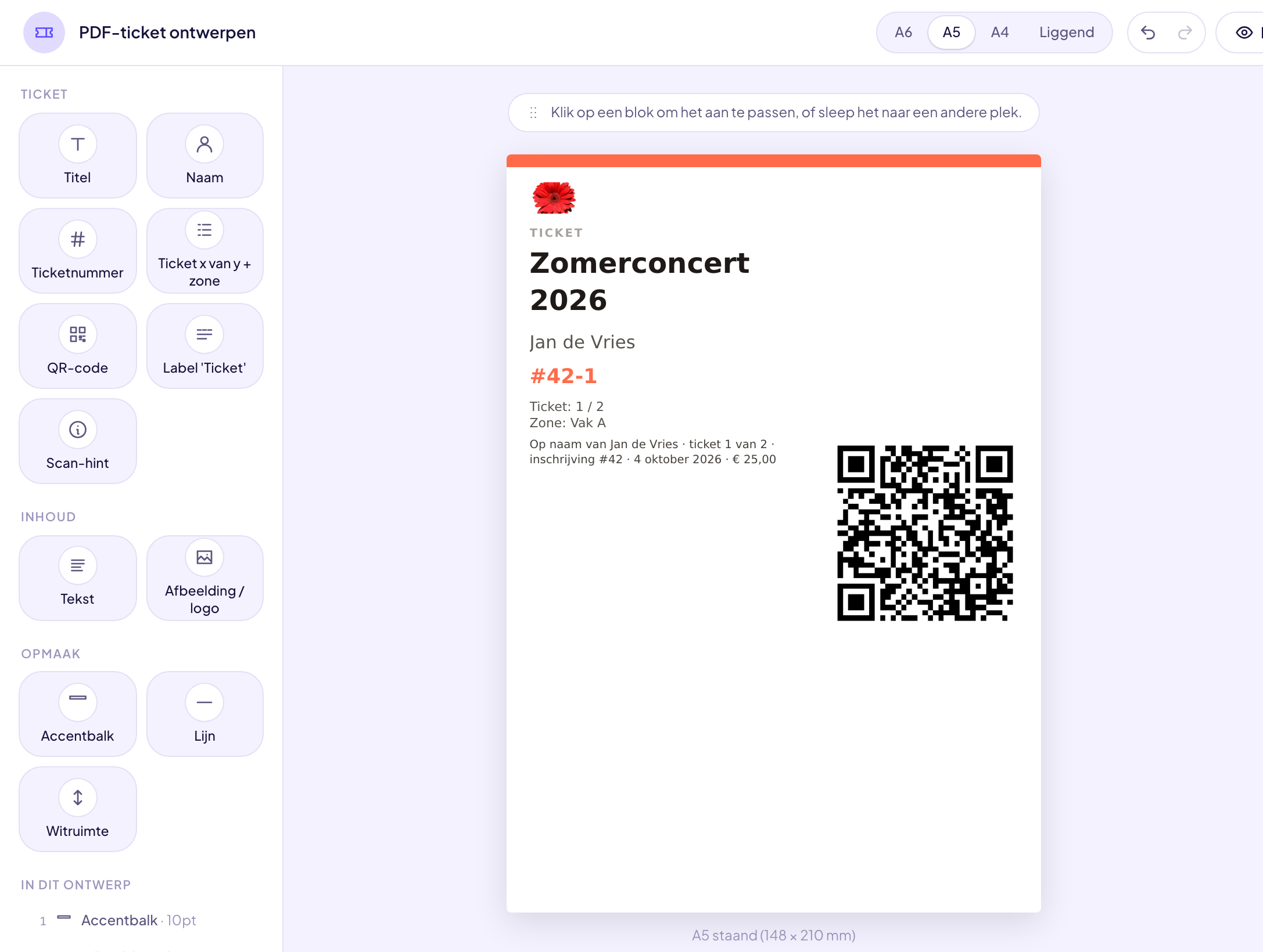 Studio projektowania biletu PDF z blokami po lewej, biletem pośrodku i kolorami po prawej