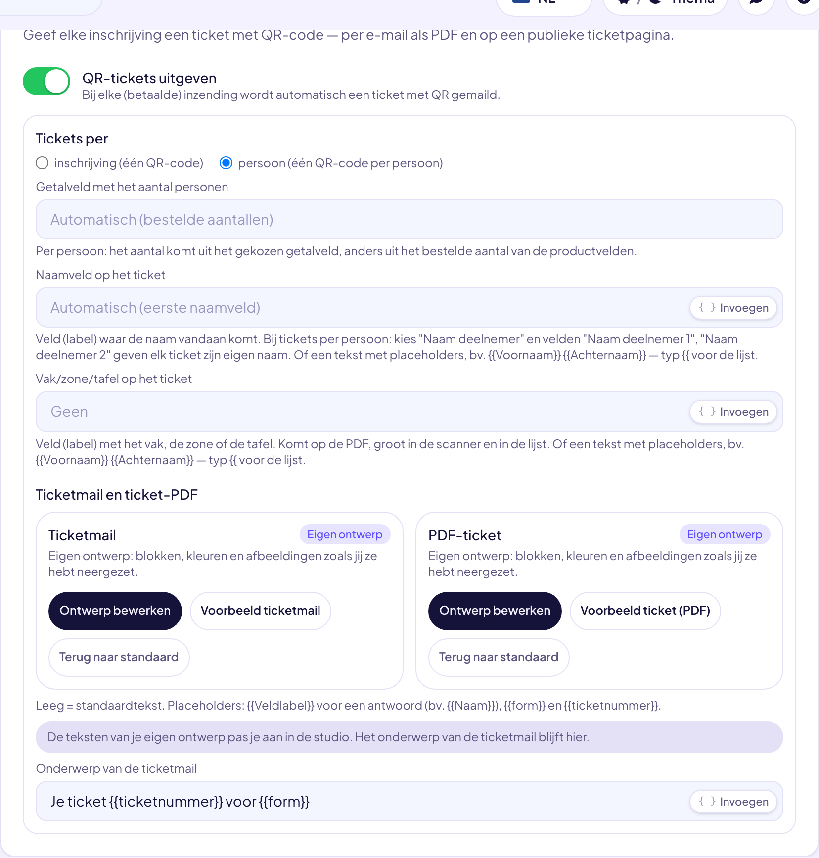 Instellingen → Tickets, met QR-tickets uitgeven, tickets per persoon en de kaarten Ticketmail en PDF-ticket